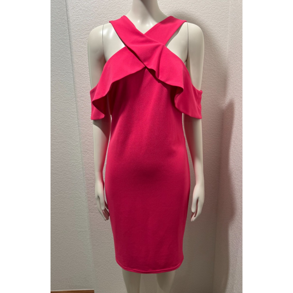 Lulu's Bright Pink Summer Halter Dress Criss Cross Ruffle Sheath Sz M Medium